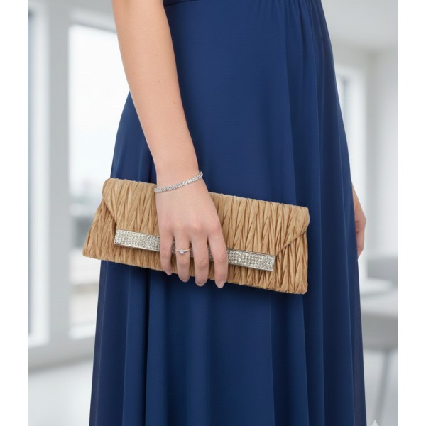 Evening Bag - Pleated Satin w/ Mesh Metal Bar Accent - Taupe - BG-92006TP